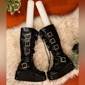 Women’s black leather knee high wedge platform Lolita shoes